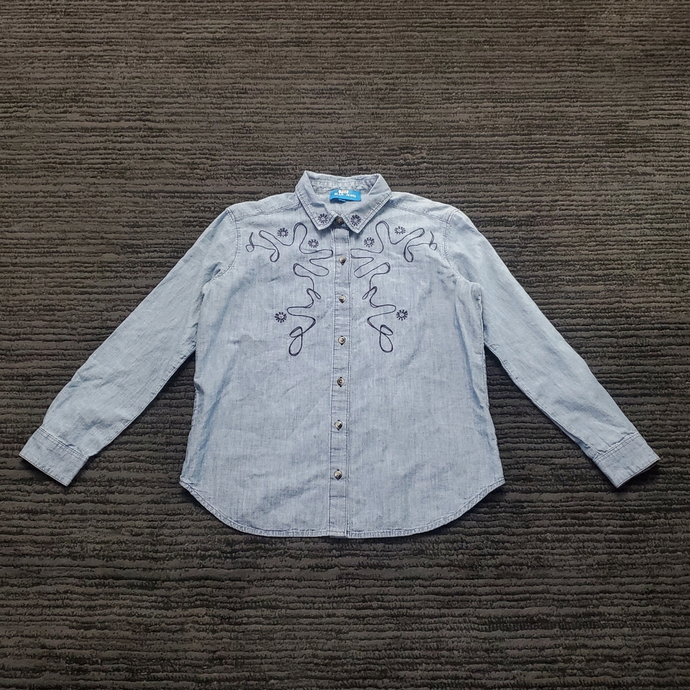 M.i.h Jeans Size S Chambray Vigo Long Sleeve Embroidered Button Up Top